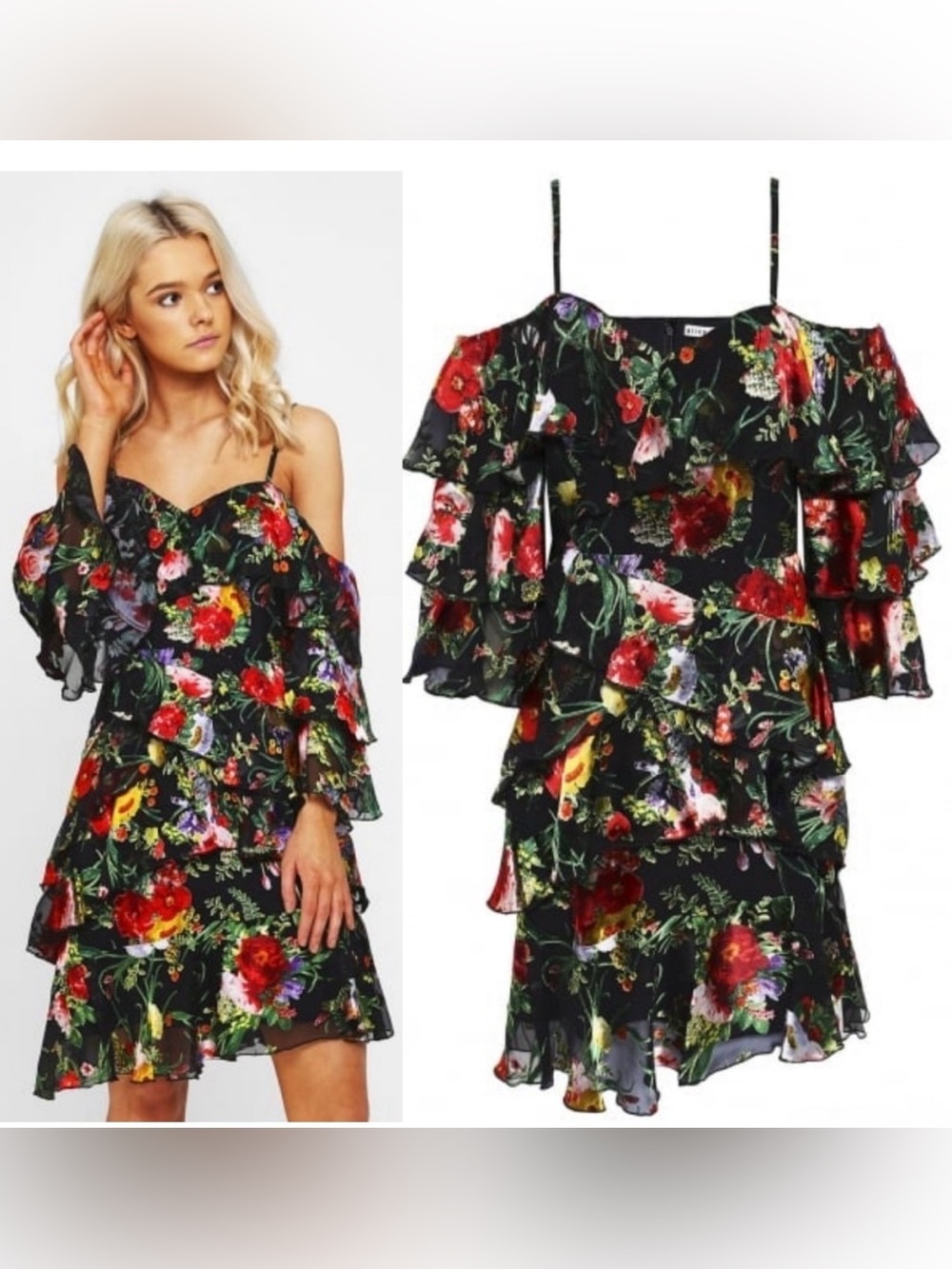 Alice + Olivia Black Floral Ruffle Mini Dress NWOT Size US 2
